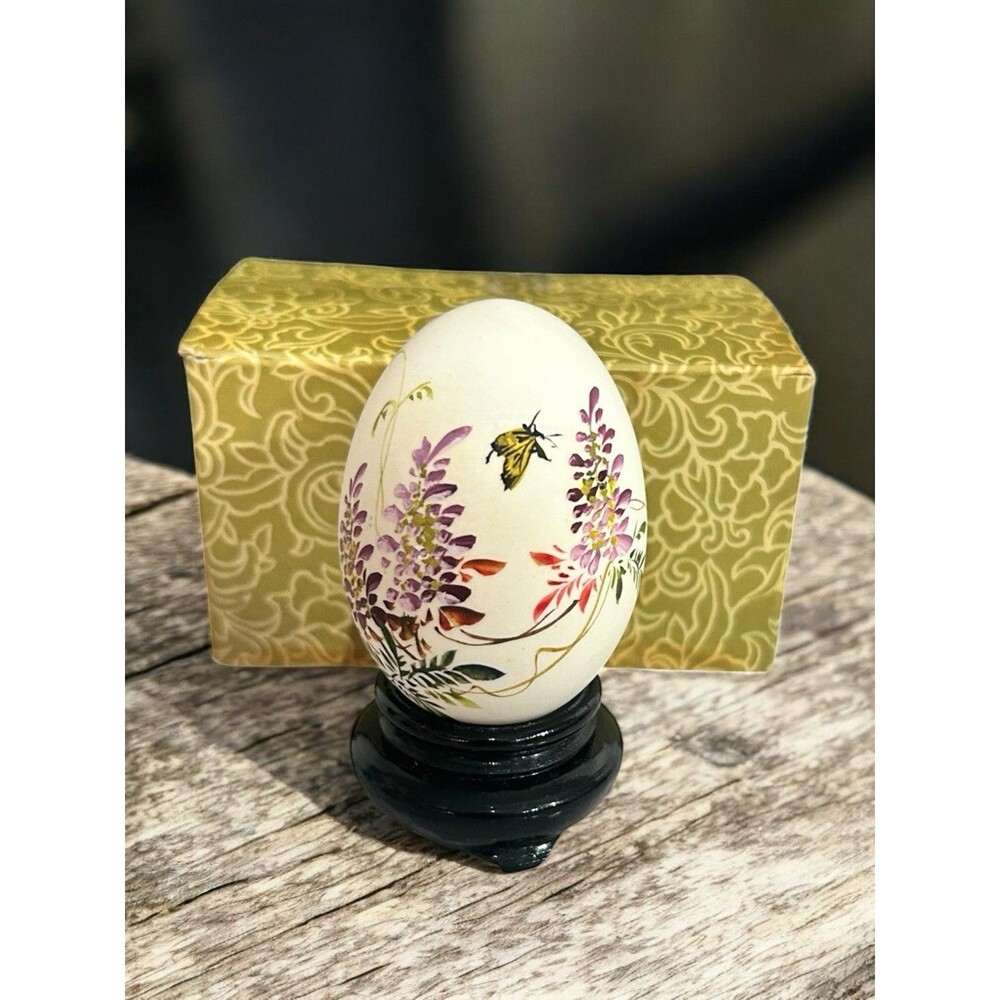 Vintage Chinese Hand Painted Egg Signed on Wooden Stand w/ Bird & Flowers
